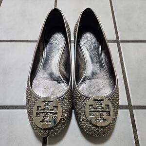 Tory Burch Metallic Silver Woven Flats Size 8